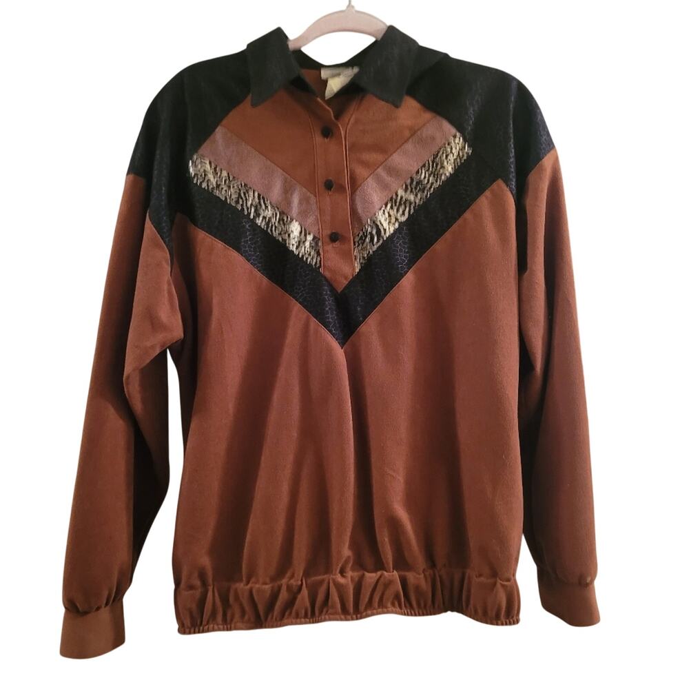 Vtg 80s Womens Retro Brown Velour Long Sleeve Shirt Top Size 14 Rebecca Stessens